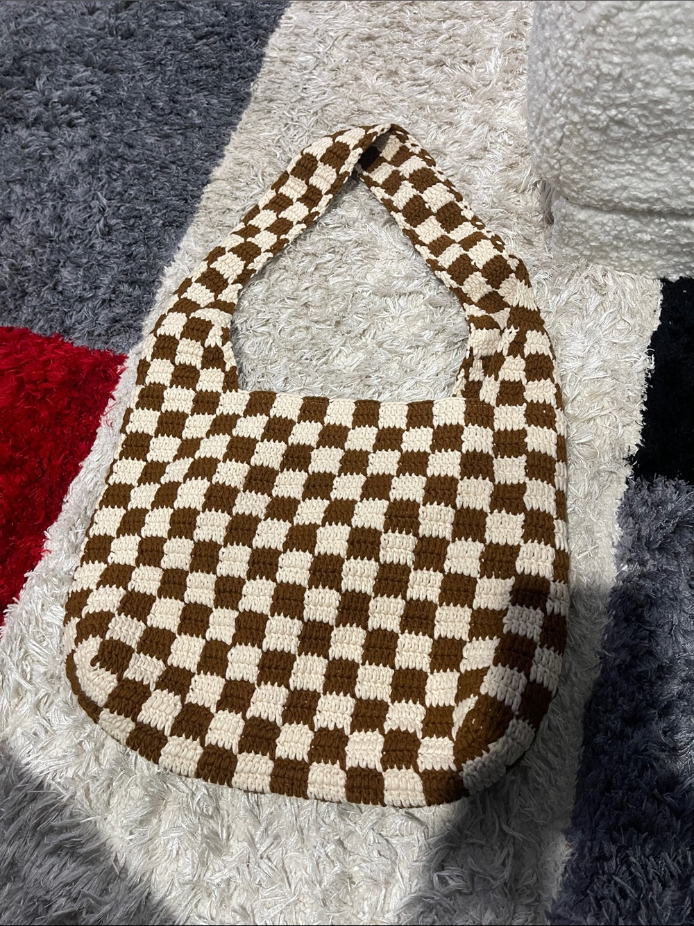Churi Brown & Cream Checkerboard Crochet Shoulder Bag